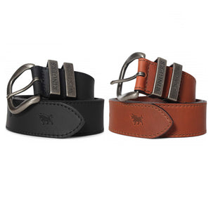 Two Ringers Western James Belts are displayed, one black and one brown, both showcasing silver-tone buckles engraved with "Ringers Western." Each Australian-made belt has a small embossed logo of a dog near the buckle. The belts are rolled up side by side.