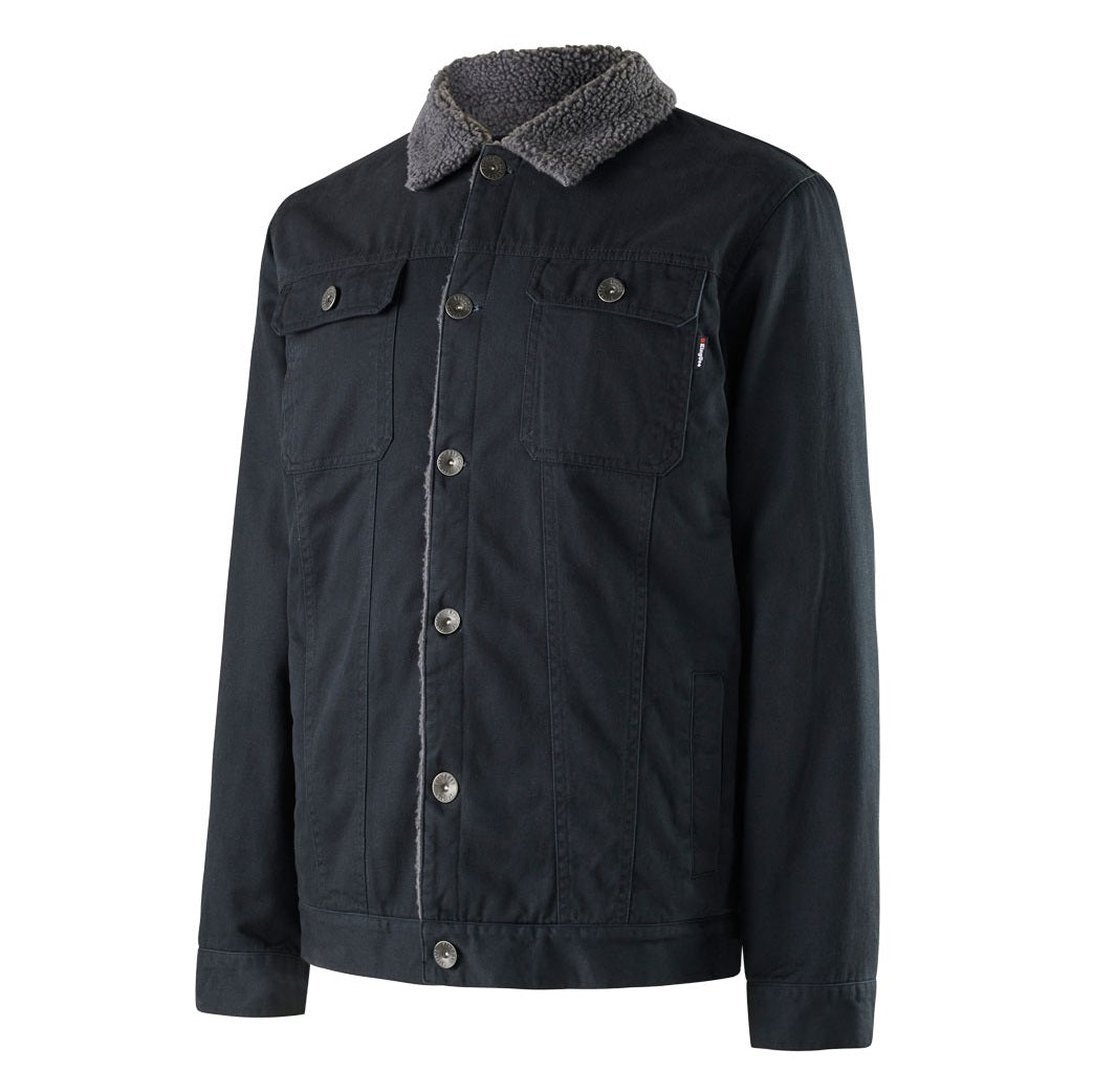 A black button-up King Gee Urban Jacket for men, featuring a gray sherpa-lined collar that extends down the front placket. This comfortable and durable jacket includes two chest pockets with flaps and buttons, side pockets, and visible stitching.