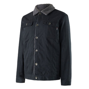 A black button-up King Gee Urban Jacket for men, featuring a gray sherpa-lined collar that extends down the front placket. This comfortable and durable jacket includes two chest pockets with flaps and buttons, side pockets, and visible stitching.