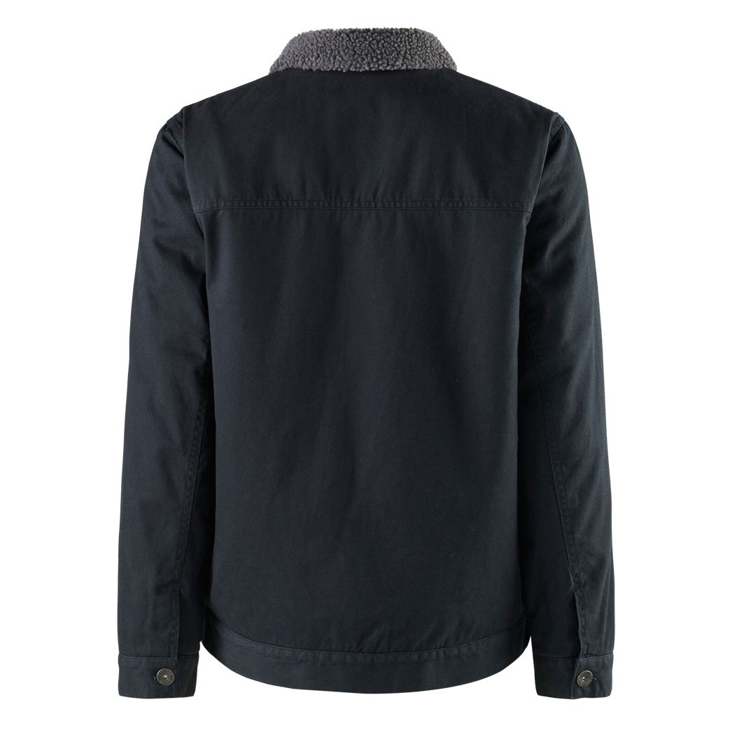 Back view of the King Gee Urban Jacket, featuring long sleeves and a textured, fluffy sherpa lining collar. The fabric appears sturdy and durable, with buttoned cuffs. The simple and casual design makes it comfortable for cooler weather.