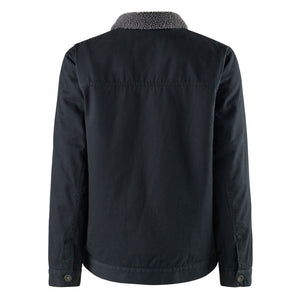 Back view of the King Gee Urban Jacket, featuring long sleeves and a textured, fluffy sherpa lining collar. The fabric appears sturdy and durable, with buttoned cuffs. The simple and casual design makes it comfortable for cooler weather.