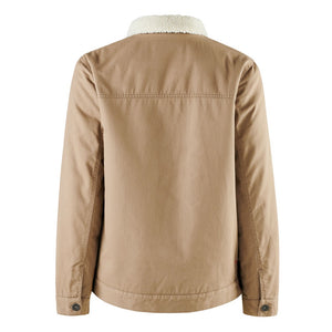 The King Gee Urban Jacket in tan is showcased from the back, displaying its long sleeves and white sherpa-lined collar. The jacket also has buttoned cuffs and sturdy fabric, probably cotton or a similar durable material, ensuring both comfort and hardiness. Notable stitching accents are visible along the seams.