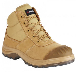 The King Gee Tradie Zip Safety Boot K27100 features a tan finish with a rugged slip-resistant rubber sole, reinforced steel toe cap, brown laces, and padded collar for comfort. A brand label adorns the tongue.