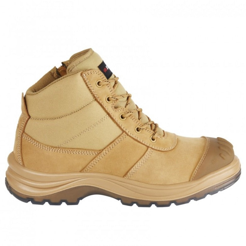The King Gee Tradie Zip Safety Boot K27100 is a tan work boot featuring a high ankle, lace-up front, black slip-resistant sole, and reinforced steel toe cap. Made from smooth and textured materials, it's ideal for outdoor or industrial environments.