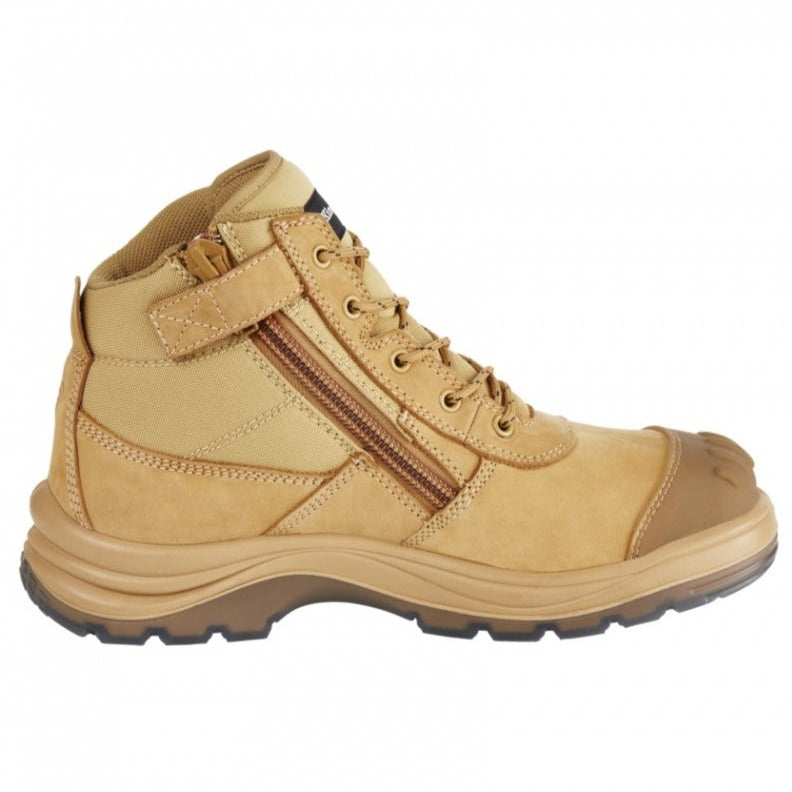 The King Gee Tradie Zip Safety Boot K27100 is a tan work boot with a slip-resistant rubber sole, side zipper, lace-up fastening, steel toe cap, and reinforced sections for durability. Made from leather and fabric, it offers both sturdiness and comfort.