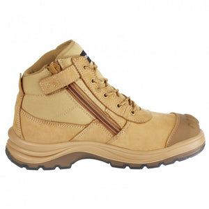 The King Gee Tradie Zip Safety Boot K27100 is a tan work boot with a slip-resistant rubber sole, side zipper, lace-up fastening, steel toe cap, and reinforced sections for durability. Made from leather and fabric, it offers both sturdiness and comfort.