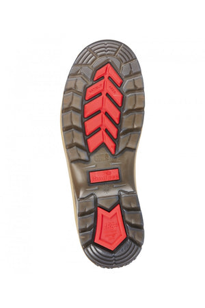 The image displays the sole of the King Gee Tradie Zip Safety Boot K27100, featuring a mix of black and red rubber treads, central and top text and logos, a zigzag geometric pattern, and a slip-resistant sole for optimal traction.