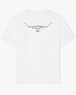 The RM Williams Longhorn Byron Tee, made from premium cotton jersey, features a minimalist black outline of a longhorn skull on the upper back. This unisex T-shirt lies flat against a plain white background, emphasizing the simplicity of its design.