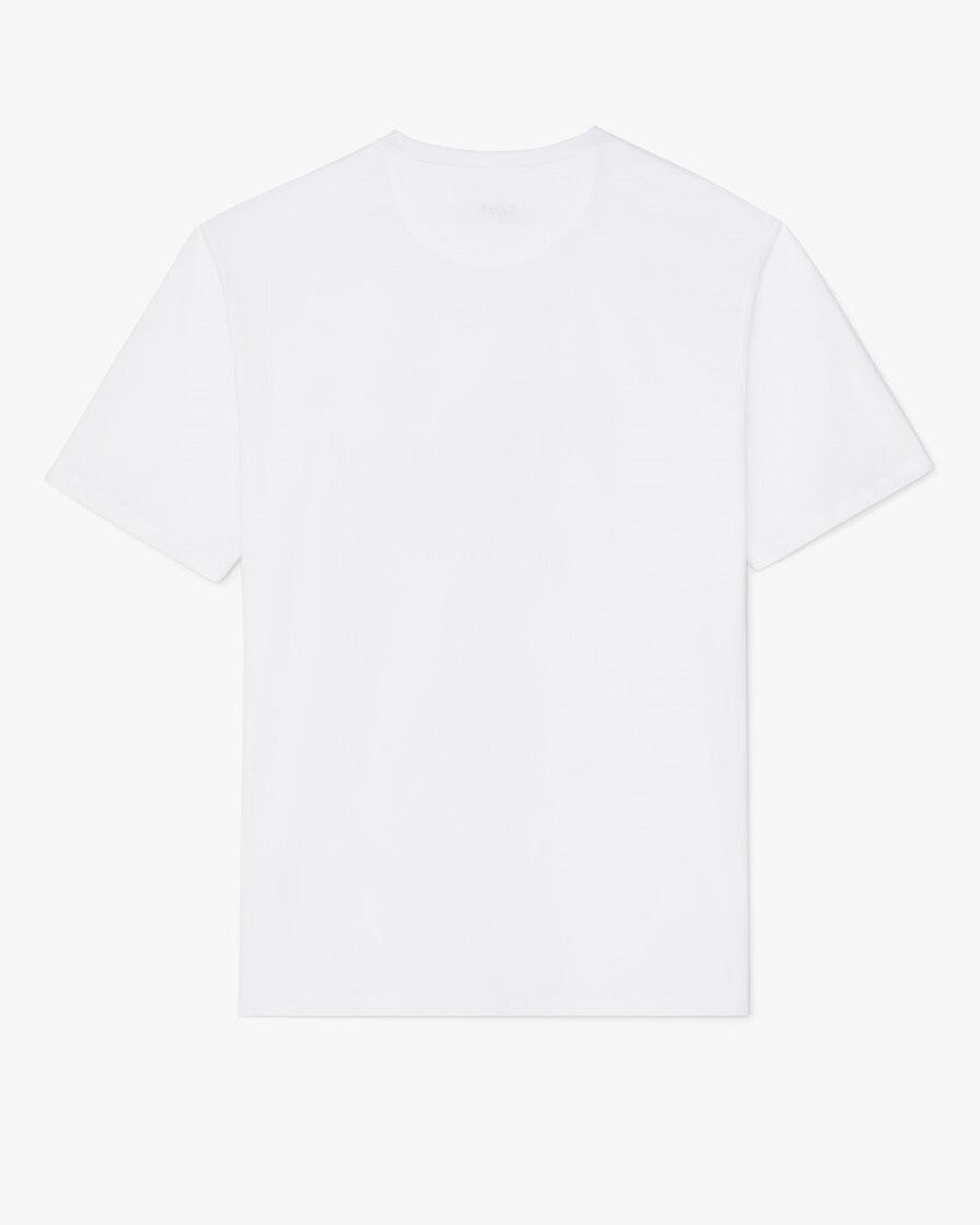 The RM Williams Script Stamp T-Shirt, a classic plain white tee made of 100% cotton, is shown against a light gray background, with the front view featuring the subtle R.M.Williams script logo for understated elegance.