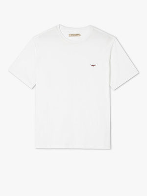 The RM Williams Parson T-Shirt is a plain white cotton jersey short-sleeve classic t-shirt, featuring a small red embroidered logo on the left side of the chest. It boasts a simple round neckline and a straight hem.
