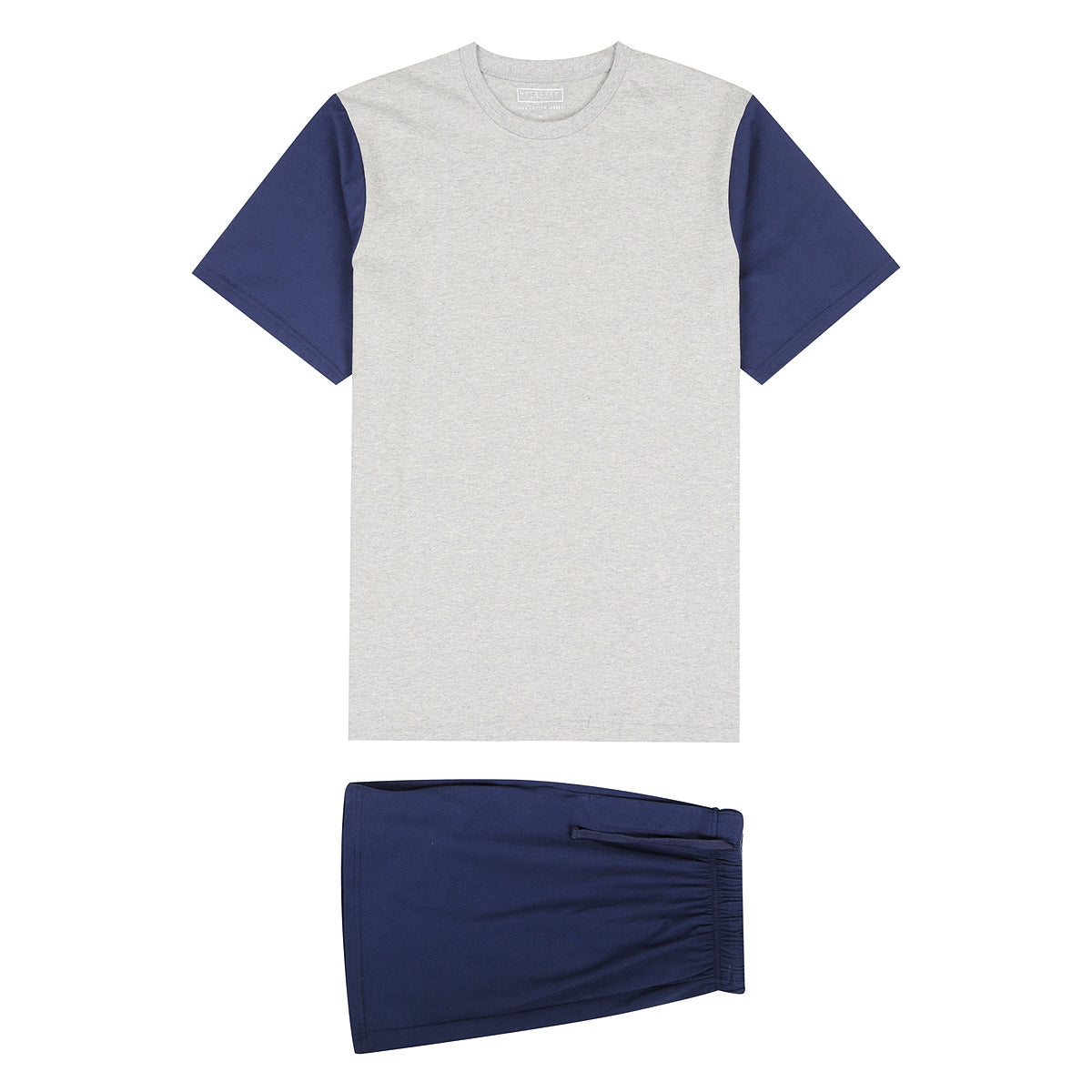 The Koala Nitelife Knit PJ Short Leg Set features a short-sleeve, crew neck T-shirt made from 100% cotton with a gray body and navy blue sleeves, paired with matching navy blue shorts that have an elastic waistband. This set is perfect for summer pyjamas.