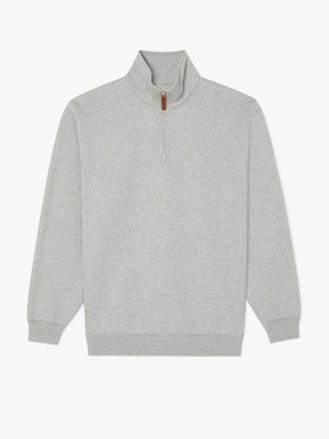 The RM Williams Ernest Sweater is a light gray, long-sleeve pullover with a high quarter-zip neck, brown pull tab, and ribbed cuffs and hem for comfort.
