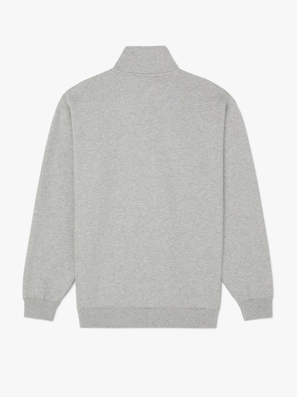 Back view of the RM Williams Ernest Sweater in plain light gray, featuring a high collar, ribbed cuffs and hem, and a quarter-zip neck, shown against a white background.