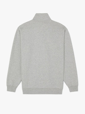 Back view of the RM Williams Ernest Sweater in plain light gray, featuring a high collar, ribbed cuffs and hem, and a quarter-zip neck, shown against a white background.