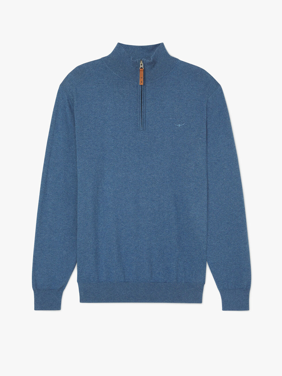 RM Williams Ernest Sweater in blue, featuring a quarter-zip with brown pull, standing collar, subtle chest logo embroidery, and ribbed cuffs and hem. Displayed on a plain white background.