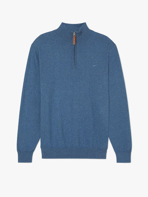 RM Williams Ernest Sweater in blue, featuring a quarter-zip with brown pull, standing collar, subtle chest logo embroidery, and ribbed cuffs and hem. Displayed on a plain white background.