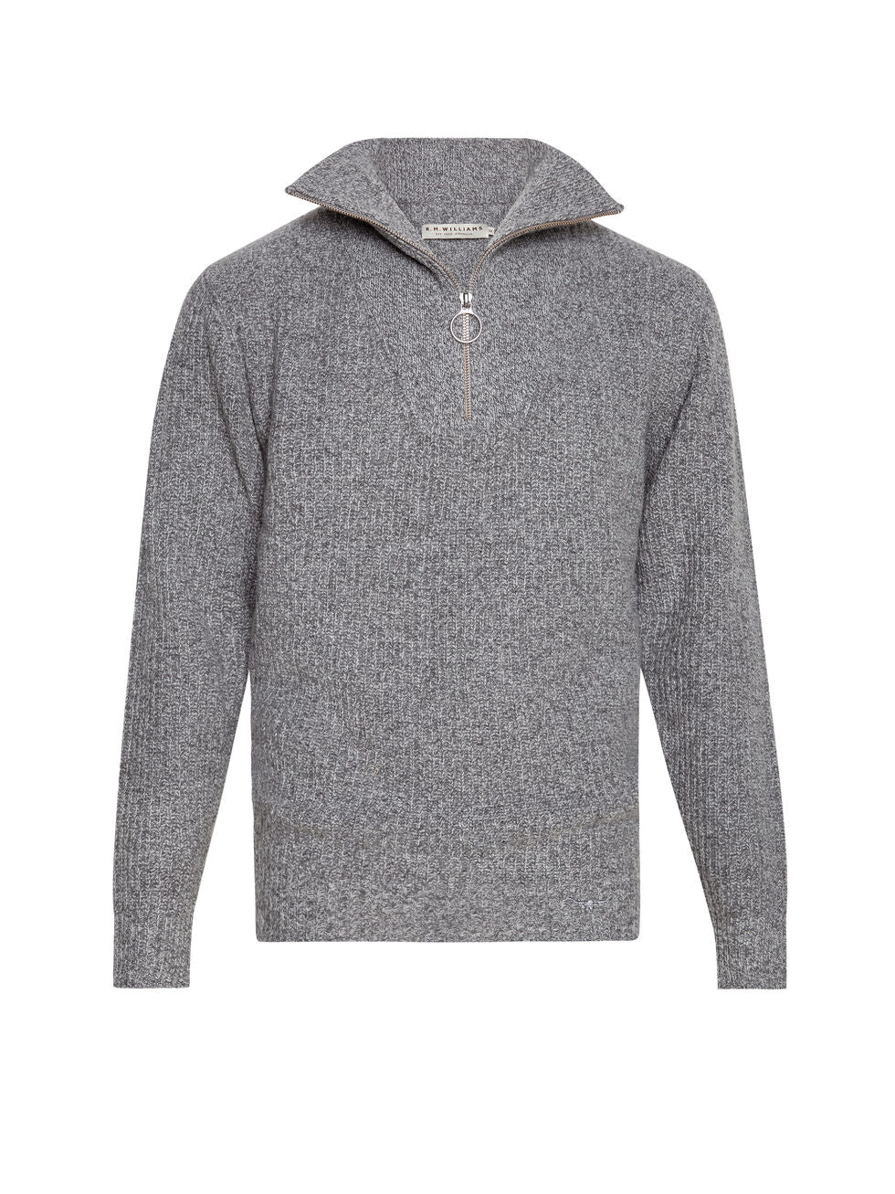The RM Williams Kapunda Zip Sweater in gray lambswool features long sleeves, a half-zip front with circular pull tab, and a folded collar. Displayed on a plain white background.