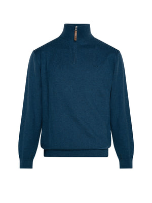 The RM Williams Ernest Sweater in blue features wool fabric, a quarter-zip neck, high collar, and ribbed cuffs and hem for comfortable style.