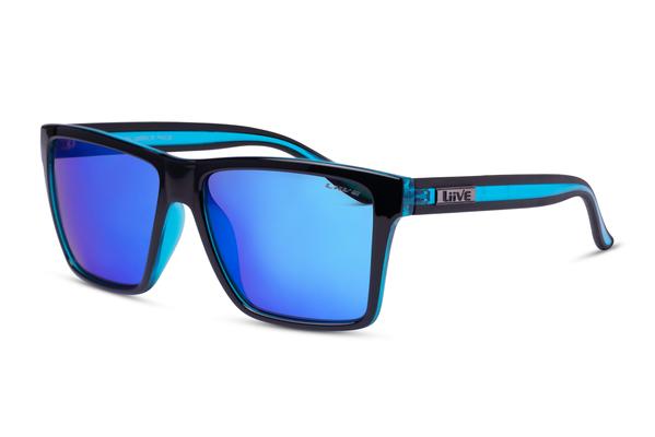 The Liive Laguna Mirror Sunglasses boast black and blue rectangular frames paired with reflective blue lenses. The lightweight polycarbonate frames are highlighted by the brand name "Liive" on the arms, offering a sleek, modern design with a glossy finish.