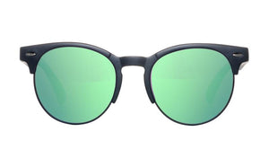 A pair of Liive Wild Mirror Polar Sunglasses featuring black frames, rounded green mirror finish lenses, and UV protection, isolated on a white background.