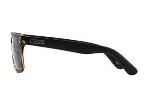 Side view of a pair of Liive L.D Polar Sunglasses with glossy black arms and dark, polarised lenses. The frame has a subtle hint of gradient brown towards the front. The left arm features a metallic accent with the brand name "Liive" engraved on it, ensuring both style and UV protection.