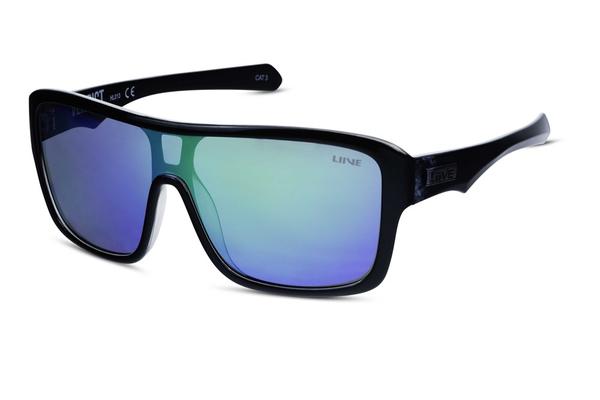 The Liive Verdict Mirror Sunglasses boast a sleek black polycarbonate rectangular frame paired with reflective green-blue lenses.