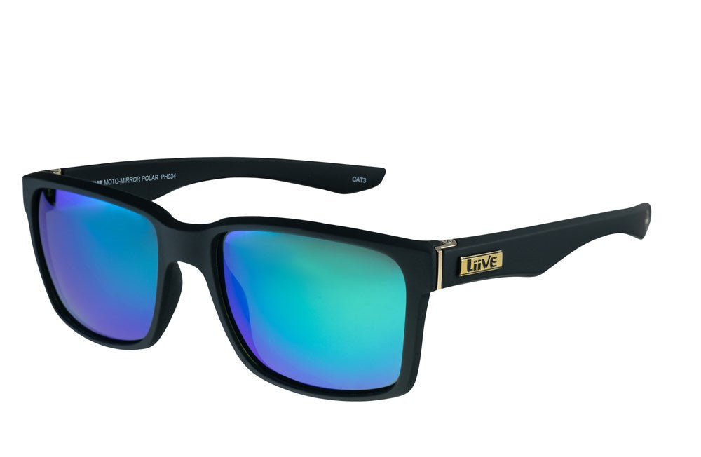 The Liive Moto Mirror Polar Sunglasses feature rectangular black frames with green and blue mirrored polarized lenses that offer UV protection. Each lightweight polycarbonate temple includes a small gold emblem with the word "Liive" and has small white text on the inside for product details.