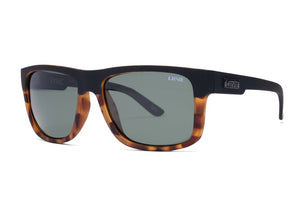 Liive Sync Polar Sunglasses feature a tortoiseshell pattern, polarised lenses for clarity, and a brand logo on the side. The rectangular design includes a black top section, offering UV protection with a durable polycarbonate build.