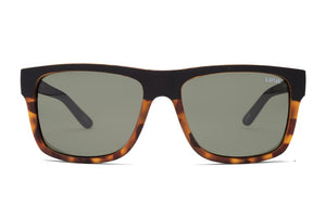 The Liive Sync Polar Sunglasses boast polycarbonate rectangular frames with a solid black top and mottled brown pattern on the bottom and arms. They feature dark lenses that provide UV protection for your eyes.