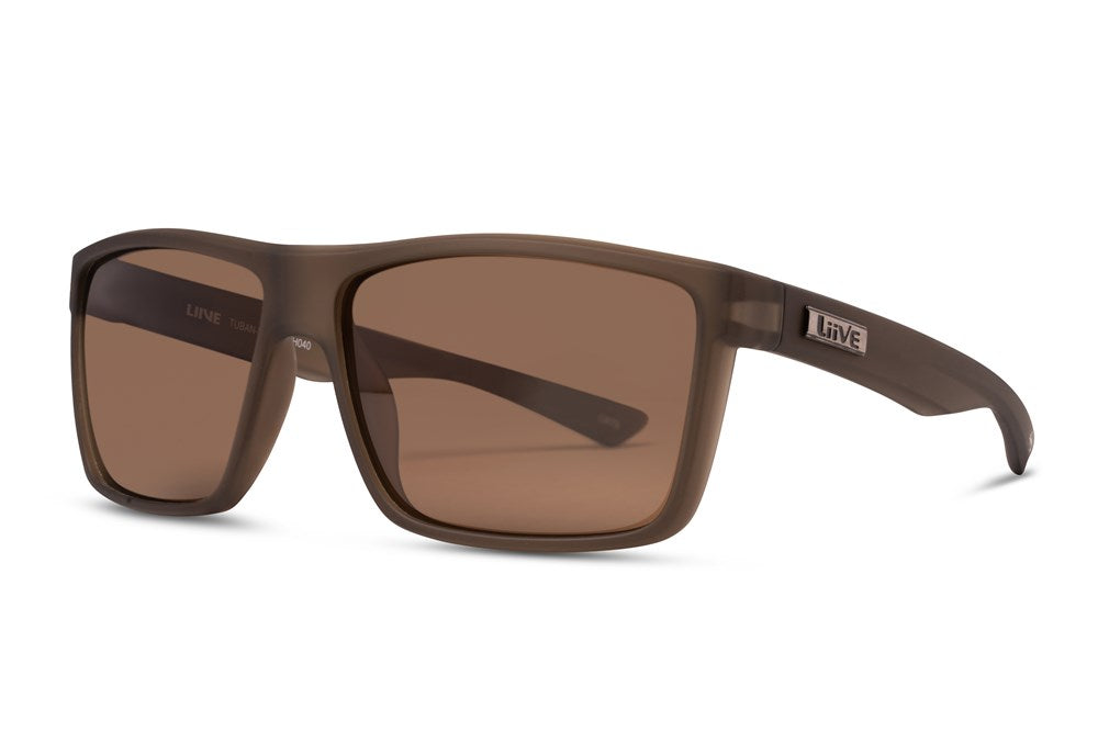 A pair of Liive Tuban Polar Sunglasses features rectangular, thick broad frames with a matte brown finish. The brand name "Liive" is prominently displayed on the arms near the hinges. These sunglasses come with dark brown-tinted polarised lenses for UV protection.