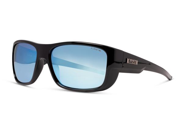 A pair of Liive The Admiral Mirror Polar Sunglasses with black frames and blue reflective lenses is displayed. The polycarbonate frame appears thick and sturdy, featuring a small metallic logo on the side reading "Liive." The sunglasses are positioned at an angle, showcasing both the front and one side.