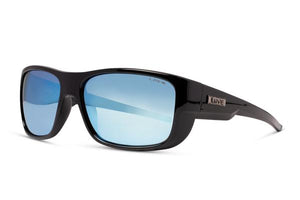 A pair of Liive The Admiral Mirror Polar Sunglasses with black frames and blue reflective lenses is displayed. The polycarbonate frame appears thick and sturdy, featuring a small metallic logo on the side reading "Liive." The sunglasses are positioned at an angle, showcasing both the front and one side.