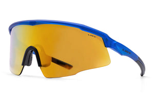 The Liive Dealer Mirror Sunglasses feature a sleek blue frame, orange-tinted wraparound polycarbonate lens, black nose pads, slim curved arms, lightweight build, aerodynamic design, and UV protection for peak performance.