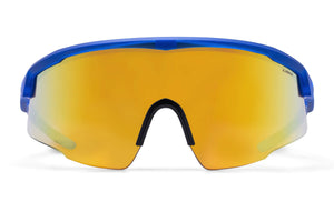 Close-up of Liive Dealer Mirror Sunglasses with blue frame and large yellow mirrored lenses. This sleek, lightweight polycarbonate design features a black nose pad and wrap-around style for UV protection during outdoor activities.