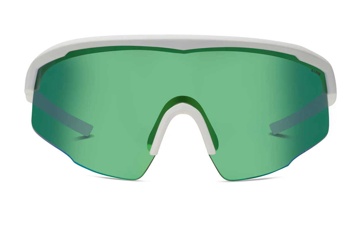 The Liive Dealer Mirror Sunglasses feature a futuristic design with a white frame and single green-tinted polycarbonate lens. Their wraparound style and minimalist nose bridge provide full UV protection, offering an athletic, modern look.