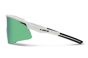 The Liive Dealer Mirror Sunglasses feature a sleek design with large reflective green polycarbonate lenses. The white and black frame sports "LIKE" on the side, has angular cuts for an aerodynamic look, and provides optimal UV protection.