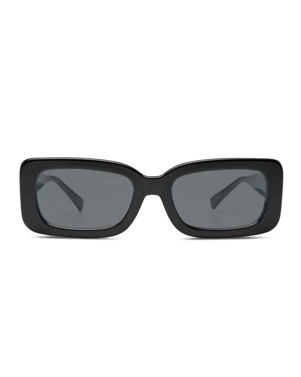 The Liive Crush Sunglasses feature a contemporary, minimalist design with rectangular black frames and dark lenses that provide UV protection. They have straight edges, slightly chunky frames, and matching straight temples that complete their stylish look.