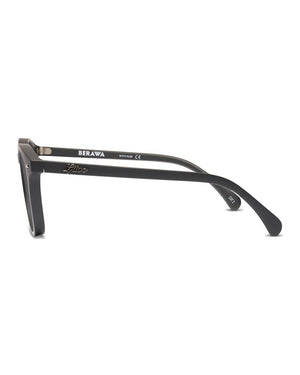 Side view of a pair of Liive Berawa Polar Sunglasses with thick black rectangular frames and UV protection. The arm is branded with "Berawa" in white text, offering a clean, modern design against a plain white background.