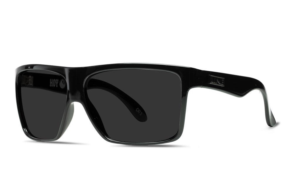 Meet the Liive Hoy 4 Sunglasses: sleek black rectangular frames crafted from lightweight polycarbonate, featuring a glossy finish. Their dark lenses offer UV protection, and wide temples paired with a slightly curved nose bridge elevate their modern design.