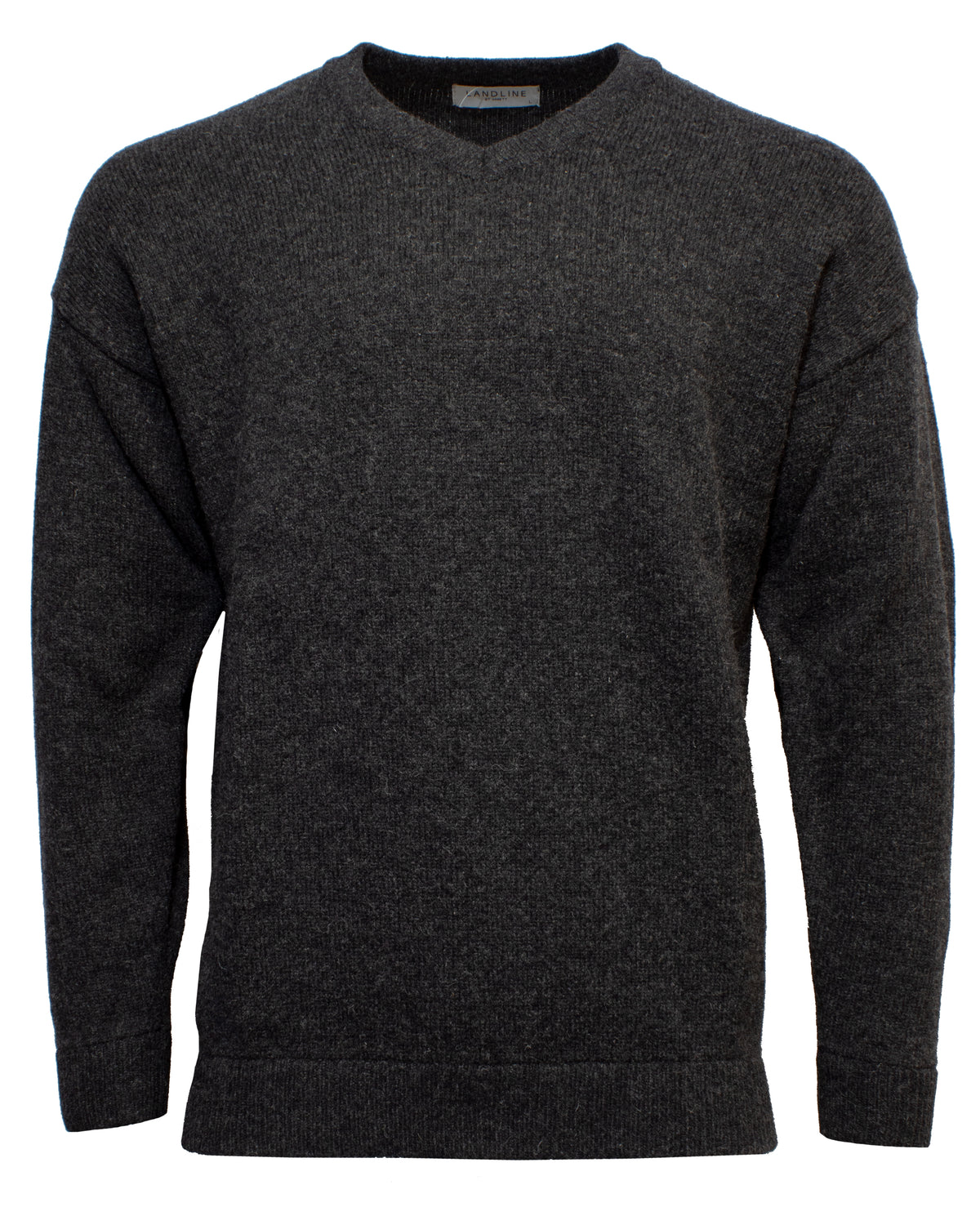 The Landline V-Neck Jumper is a plain, long-sleeved, dark gray jumper with a V-neckline, crafted from rugged wool and shown on a white background.