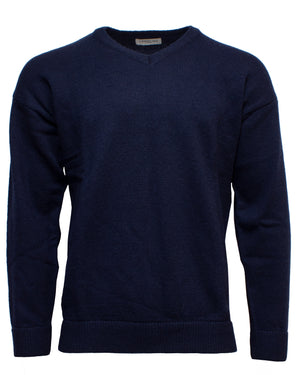 The Landline V-Neck Jumper is a classic, long-sleeved navy blue sweater crafted from knitted fabric, offering comfort and timeless style, shown on a white background.