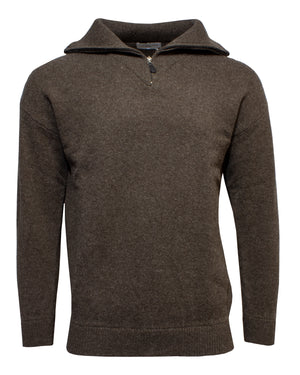 The Landline Zip Neck Jumper is a brown, long-sleeve wool sweater with a short collar zipper and ribbed cuffs and hem, providing durable winter wear. Displayed on a plain white background.