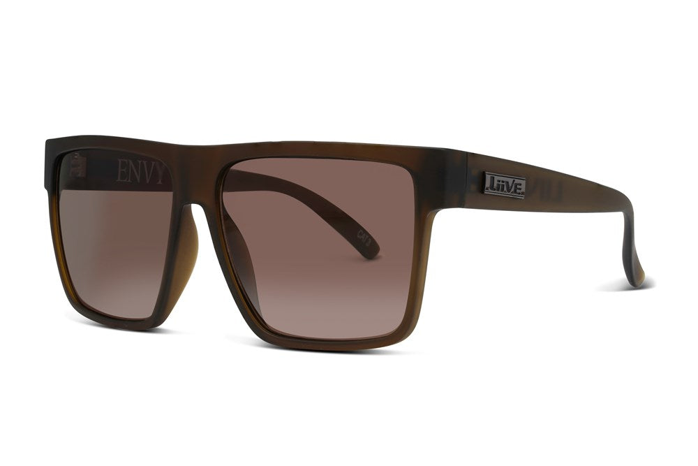 The Liive Envy Sunglasses are sleek brown rectangular frames with a glossy finish. They feature polarised lenses for excellent UV protection and have "ENVY" inscribed inside the left lens, with the iconic Liive logo on the temples.