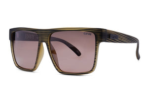A pair of stylish Liive Envy Polar Sunglasses with brown-striped, rectangular frames and a slightly striped pattern. The polarised lenses are tinted, offering exceptional UV protection. The left lens features "ENVY" printed on it, and the right temple boasts a small "Liive" logo.