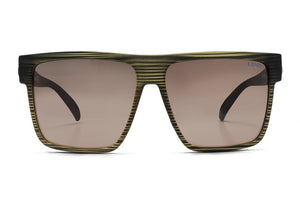 A pair of rectangular Liive Envy Polar Sunglasses featuring a dark, textured, greenish frame and brown-tinted lenses viewed from the front. The temples are black and the word "LIVIE" is subtly printed on the upper right corner of the right polarized lens for ultimate UV protection.