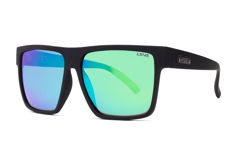 The Liive Envy Mirror Polar Sunglasses have a modern, sporty style with black frames and reflective green-blue lenses. They feature temple logos, thick rims, UV protection, and sleek polycarbonate construction.