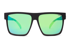 The Liive Envy Mirror Polar Sunglasses feature black frames with large square reflective green lenses offering UV protection. They have thick polycarbonate frames, straight temples, and "LINE" branding on one lens' upper corner, blending fashion with functionality against a white background.