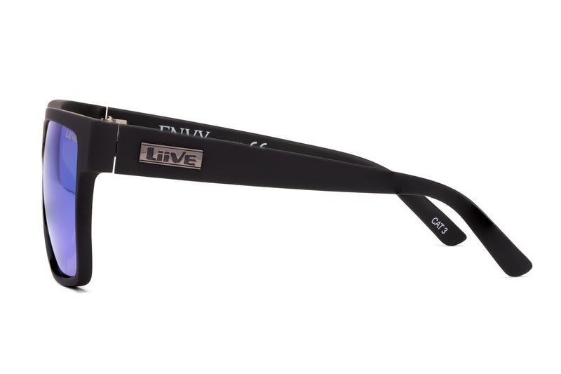 Side view of Liive Envy Mirror Polar Sunglasses featuring a sleek black polycarbonate frame with reflective blue lenses. The angular design includes a small silver metal logo on the arm and "CAT 3" UV protection text inside.