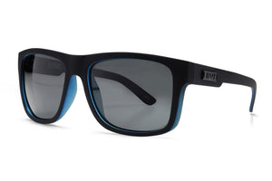 Introducing the Liive Sync Polar Sunglasses, a pair of stylish black sunglasses featuring dark tinted rectangular lenses with UV protection. The frame boasts subtle blue accents on the inside, and the temples display a small metallic logo. Inside the left lens, you'll find the word "SYNC," showcasing its advanced polarised lens technology.