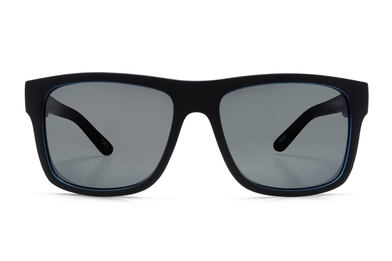 The Liive Sync Polar Sunglasses are stylish with their black frames and dark, rectangular lenses. The frames include a subtle blue outline along the inner edge, adding a slight contrast to the overall design. These sunglasses come equipped with UV protection and polarised lenses, while the sleek temples are solid black and made of durable material.